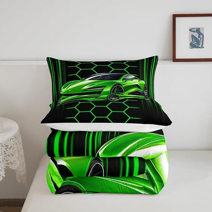 Manfei Honeycomb Geometric Boys Girls Comforter Set Full Size,Racing Car Theme Duvet Set Teens Bedroom Decor,Extreme Sports Microfiber Soft Bedding