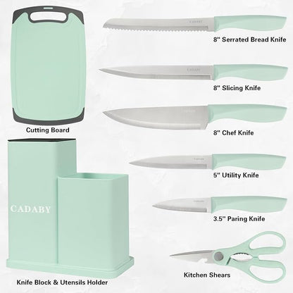 19 PCS Kitchen Cooking Utensils Set, 11 Pieces Silicone Cooking Utensils Set 6 Pieces Sharp Stainless Steel Green Knife Set with 1 Piece Cutting Board, Ideal for Apartment