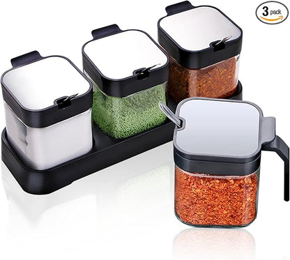 Clear Glass Condiment Canisters Pots, 8 oz Condiment Jar Spice Container with 304 Stainless Steel Lids and Spoons, Glass Seasoning Box Set of 3 Spice Jars Salt Container Sugar Bowl for Kitchen(Black)