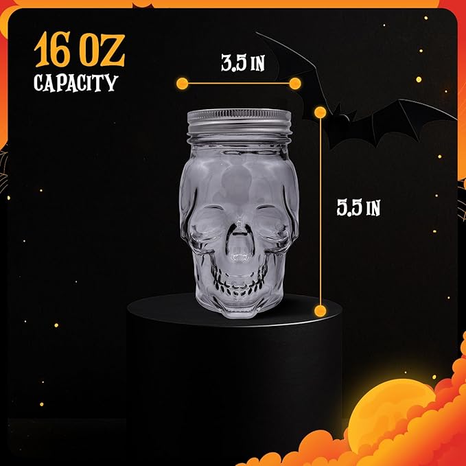 DURA LIVING Set of 2 Skull Mason Jar Glasses with Lids | 16oz Reusable Halloween Drinking Glasses | Unique Skull Décor, Storage, & Canning Jars for Parties & Gifts