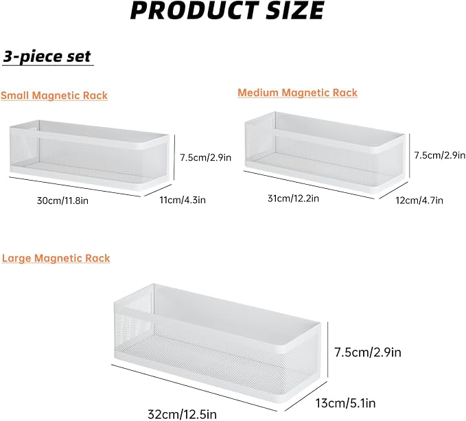 3 Pack Magnetic Spice Rack for Refrigerator, Heavy Duty White Metal Fridge Organizers & Storage Baskets, Multi-use Magnetic Shelves for Kitchen Organization, Pantry, Laundry Room & Bathroom Storage