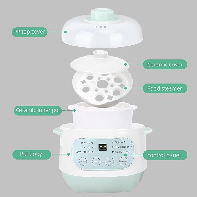 Green 1L Mini Slow Cooker with Steamer Basket, 200W Smart Ceramic Electric Stew Pot, 24-Hour Timer & Auto Keep-Warm, Dry-Burn Protection, Kitchen Cooking Appliance