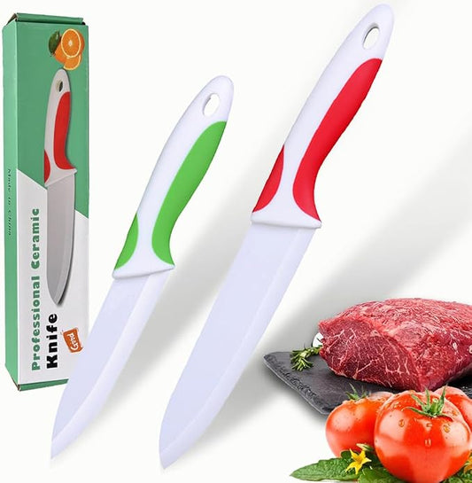 2 PCS Professional Ceramic knife 6”Meat knife 4” Fruit Knife,Kitchen knife with Sheaths,Zirconia Blade with Ergonomic Handle,Use for Meat Fruit Vegetable Bread and Butter (Green and Red)