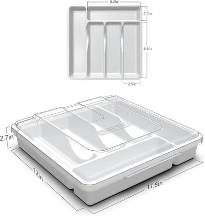 Silverware Organizer with Cover, Portable Cutlery Holder Flatware Tray with Lid Plastic Silverware Storage Box (White)