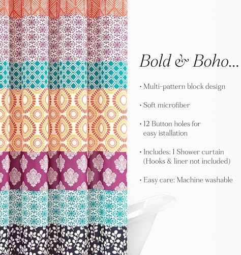 Lush Decor Bohemian Stripe Shower Curtain, 72" W x 72" L, Fuchsia & Orange - Bathroom Curtain - Striped Shower Curtain - Boho Decor - Fabric Shower Curtains