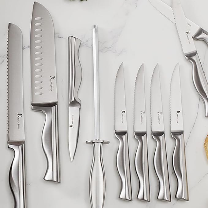 Kangdelun 15-Piece Ultra Sharp Kitchen Knife Set with Wooden Block, Exclusive Ergonomic Anti-Slip Handle, High-Carbon 50CR15MOV Steel, Angled Design, Dark Brown Wood Block
