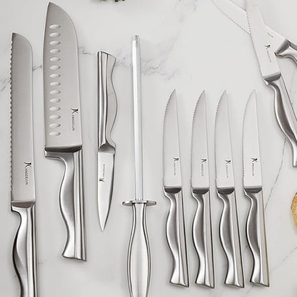 Kangdelun 15-Piece Ultra Sharp Kitchen Knife Set with Wooden Block, Exclusive Ergonomic Anti-Slip Handle, High-Carbon 50CR15MOV Steel, Angled Design, Dark Brown Wood Block