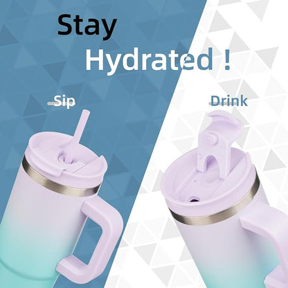 Konokyo 40 oz Tumbler with Handle and 2 Straws,2 in 1 Lid Insulated Water Bottle Stainless Steel Travel Coffee Mug,Lavender Green
