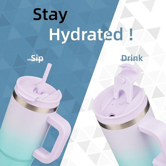 Konokyo 30 oz Tumbler with Handle and 2 Straws,2 in 1 Lid Insulated Water Bottle Stainless Steel Travel Coffee Mug,Lavender Green