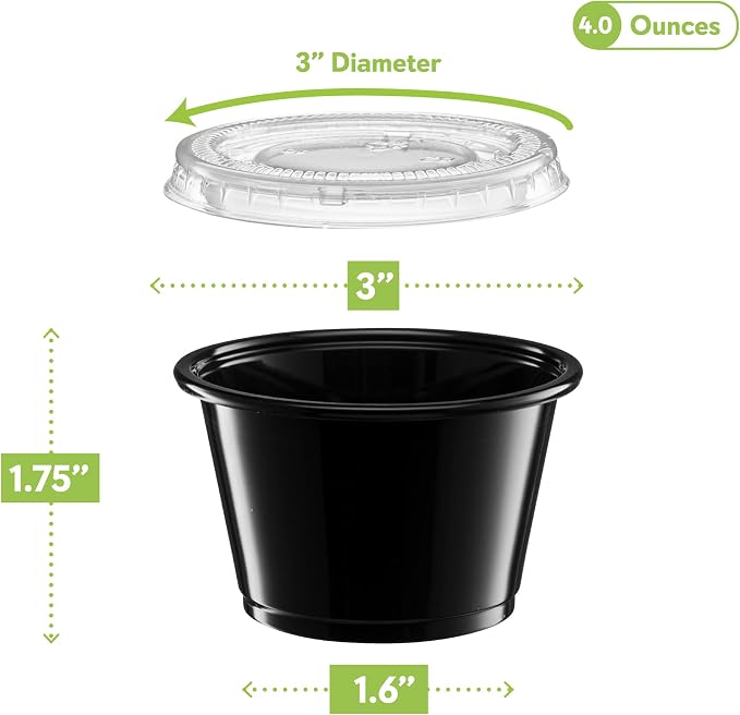 ELEGANT DISPOSABLES (4 oz - 100 Sets) Black Diposable Plastic Portion Cups With Lids, Small Mini Containers For Portion Controll, Jello Shots, Meal Prep, Sauce Cups, Condiments, Medicine, Dressings,