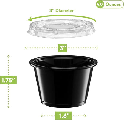 ELEGANT DISPOSABLES (4 oz - 100 Sets) Black Diposable Plastic Portion Cups With Lids, Small Mini Containers For Portion Controll, Jello Shots, Meal Prep, Sauce Cups, Condiments, Medicine, Dressings,