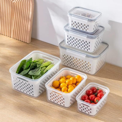 Multi-Functional Kitchen Sealed and Drainable Food Storage Container with Lid, 4 in 1 Produce Keeper with Basket, Freshness Preservation for Refrigerator or Pantry, 18x13x10cm and 22x16x12cm(S)