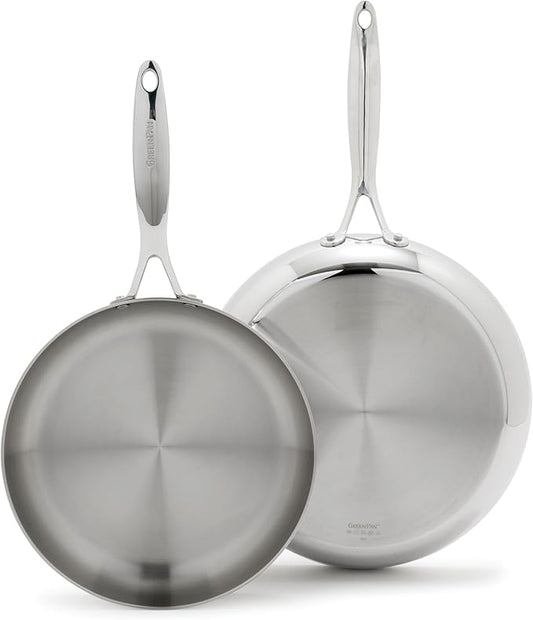 GreenPan Valencia Pro Tri-Ply Stainless Steel 10" & 12" Frying Pan Skillet Set, Induction Ready, Mirror Finish, Dishwasher Safe & Oven/Broiler Safe to 600F, Compatible with All Cooktops