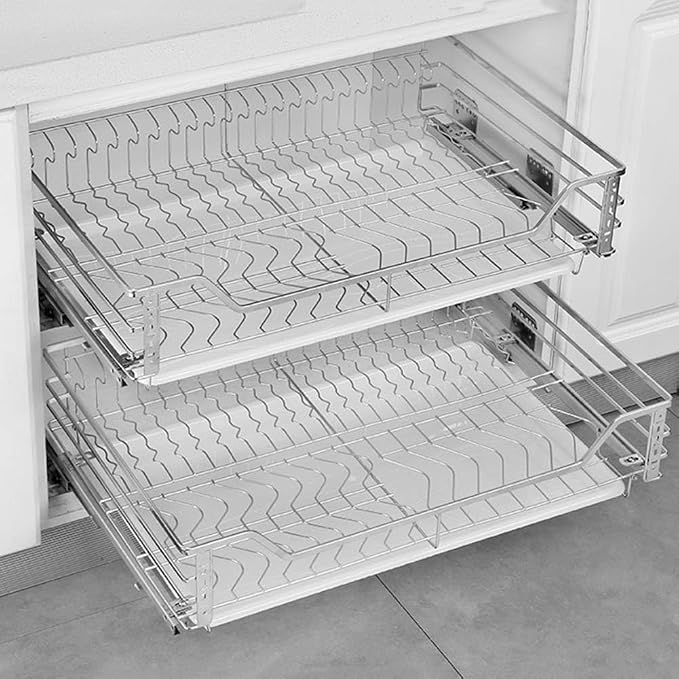 Stainless Steel Pull Out Cabinet Drawers 2-Tier Heavy Duty Slide Out Cabinet Organizer Shelf, Pull Out Bowl Basket Cabinet Organizer for Home, Kitchen, Bathroom