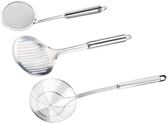 Tenta tenta kitchen Solid Stainless Steel Spider Strainer Skimmer Ladle for Cooking and Frying, Kitchen Utensils Wire Strainer Pasta Strainer Spoon Hot Pot Fat Skimmer Spoon Set of 3