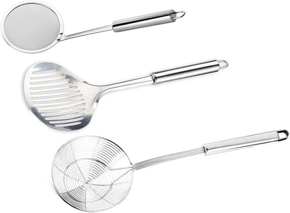 Tenta tenta kitchen Solid Stainless Steel Spider Strainer Skimmer Ladle for Cooking and Frying, Kitchen Utensils Wire Strainer Pasta Strainer Spoon Hot Pot Fat Skimmer Spoon Set of 3