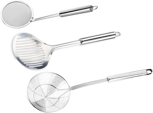 Tenta tenta kitchen Solid Stainless Steel Spider Strainer Skimmer Ladle for Cooking and Frying, Kitchen Utensils Wire Strainer Pasta Strainer Spoon Hot Pot Fat Skimmer Spoon Set of 3