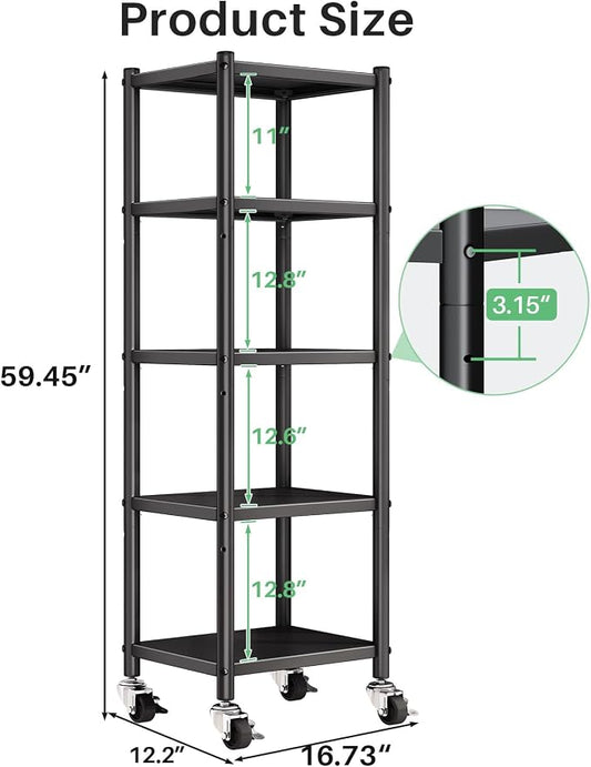 PXRACK 5-Tier Kitchen Storage Shelves, Adjustable Metal Shelves for Storage Pantry Shelves with Rolling Wheels, Storage Rack Shelving Unit Organizer for Bedroom Laundry Closet