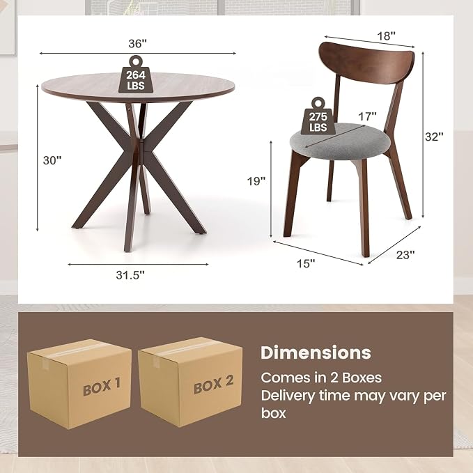Tangkula Mid-Century Modern Round Dining Table Set for 2, Wooden Kitchen Table & 2 Chairs with Cushioned Seats, Compact 3-Piece Dining Set for Small Spaces, Kitchen, Living Room
