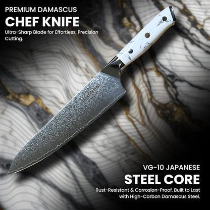 Damascus Chef Knife 8 Inch, 67-Layer VG-10 Japanese Steel Kitchen Knife, Razor Sharp Professional Chef Knife with White Turquoise Resin Handle & Premium Gift Box