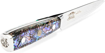 Damascus Utility Knife, 6 Inch, AUS-10 Steel, Clear Resin Handle - Leather Sheath Included