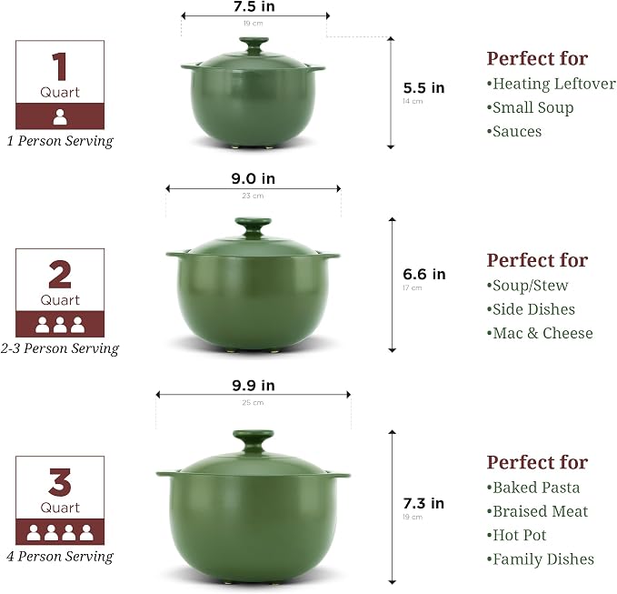 MINH LONG 2-Qt Porcelain Dutch Oven with Lid – Lead & Cadmium Free, Oven Safe to 482°F, Heat Retention, Clay Pot for Cooking on Gas & Infrared Cooktop, Use to Marinate, Cook, Bake, Refrigerate & Serve