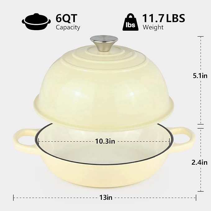 6QT Bread Dutch Oven Pot with Lid, Enameled Cast Iron Dutch Oven for Sourdough Bread Baking, Roasting, Stewing and Soup, Non-Stick Enamel Cookware for Oven/Stovetop, Perfect for Homemade Bread, Beige