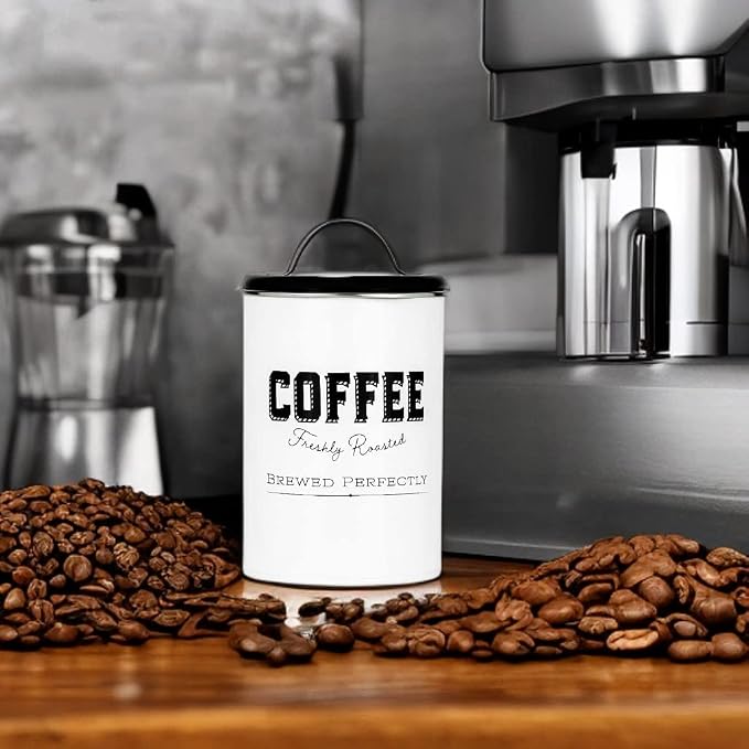 Amici Home Cottage Metal Coffee Canister (Small) - 42 oz Modern Black & White Tin with Handle Lid, Classic Typography Design for Coffee Storage - Rustic Kitchen Storage, Holiday Coffee Bar Decor