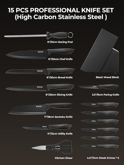 Knife Set, D.Perlla 15 Pieces Knife Sets for Kitchen with Block, Dishwasher Safe Kitchen Knife Set with Sharpener Rod, Black Coating German Stainless Steel Knife Block Set, Non-stick & Non Rust, Black