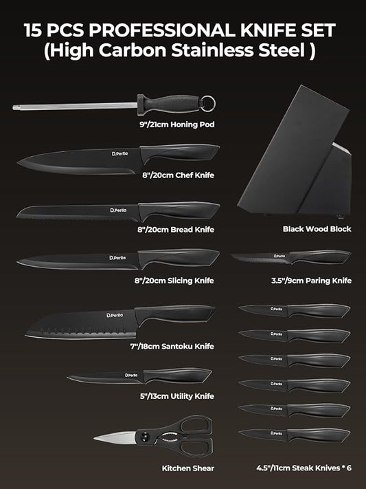 Knife Set, D.Perlla 15 Pieces Knife Sets for Kitchen with Block, Dishwasher Safe Kitchen Knife Set with Sharpener Rod, Black Coating German Stainless Steel Knife Block Set, Non-stick & Non Rust, Black