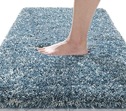 Yimobra Luxury Bathroom Rugs, Fluffy Bath Mats, Non Slip, Water Absorbent Microfiber, Machine Washable, Plush Runner Shower Rugs, Thick Matts for Bathroom Floor&Tub, 70" X 24", Denim Blue and White