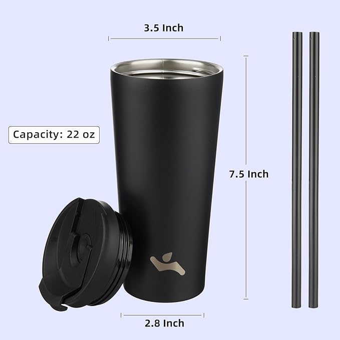 Konokyo 22 OZ Insulated Tumbler with Lid and 2 Straws Stainless Steel Water Bottle Vacuum Travel Mug Coffee Cup,Black