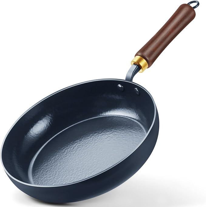 9.5" Enameled Carbon Steel Skillet, Nonstick Frying Pan with Stay-Cool Wooden Handle, Season-Free Stir-Fry Pan, Non-Toxic PTFE & PFOA Free Cookware, Oven-Safe & All Stovetops Compatible