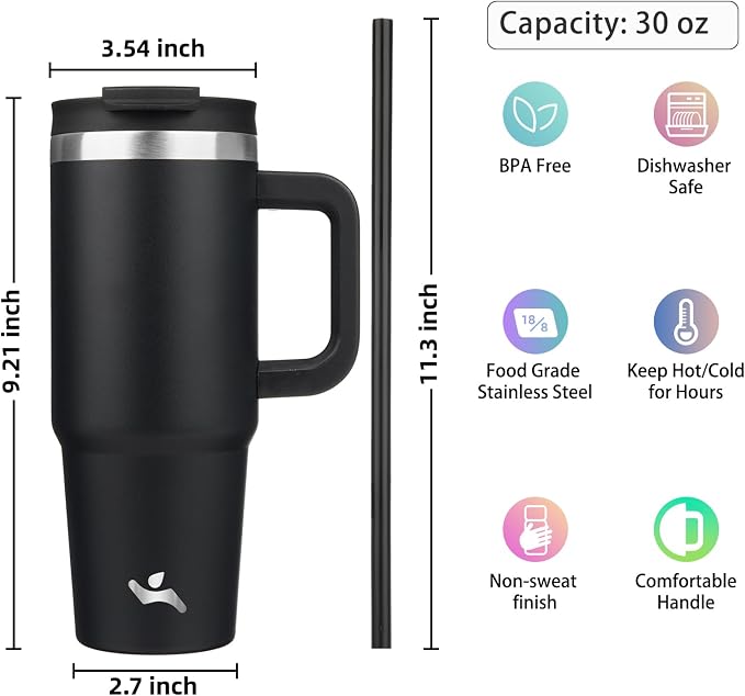 Konokyo 30 oz Tumbler with Handle and 2 Straws,2 in 1 Lid Insulated Water Bottle Stainless Steel Travel Coffee Mug,Black