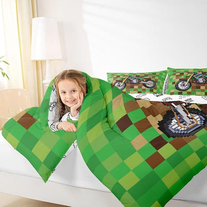 Manfei Cool Motorcycle Kids Comforter Toddler Size,Pixelated Geometric Grid Quilt Set for Kids Boys Girls Bedroom Decor,Miners Gamepad Bedding Set,Brown Green Duvet Insert,1 Pillowcase