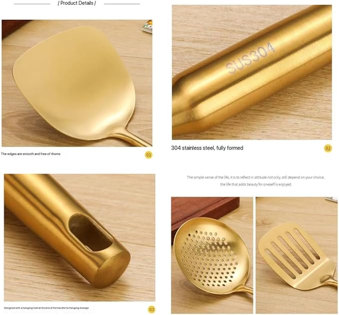 Premium 7-Piece Gold Kitchen Utensil Set with Stand, Stainless Steel Cooking Tools- Dishwasher Safe Ladle, Spoon, Spatula, Pasta Fork, Luxury Brass Kitchen Accessories for Home Chefs (Gold)