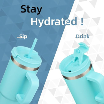 Konokyo 30 oz Tumbler with Handle and 2 Straws,2 in 1 Lid Insulated Water Bottle Stainless Steel Travel Coffee Mug,Turquoise