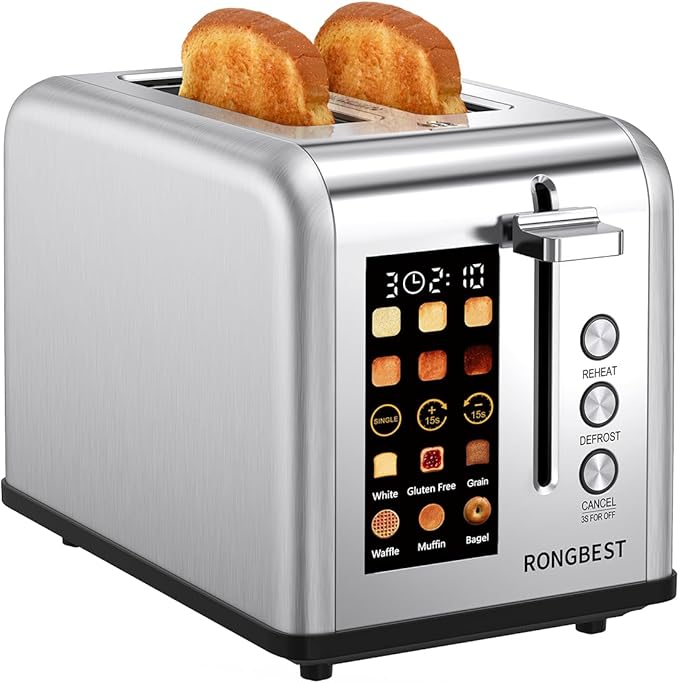 2 Slice Touch Screen Toaster with Wide Slots Stainless Steel Toasters for Family Breakfast, Even Toasting for Bagels & Bread, Reheat & Defrost, Easy Removable Crumb Tray, Silver