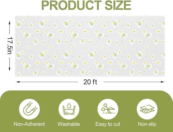FEXIA Shelf Liner 17.5 Inch x 20 FT Daisy Non Slip Waterproof Cabinet and Drawer Liner for Kitchen Cabinet Refrigerator Pantry Closet Durable Non Adhesive