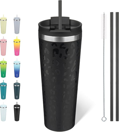 BJPKPK 26oz Insulated Tumbler With lid And Straw Stainless Steel Tumblers Travel Coffee Mug Reusable Thermal Cup,Black Leopard