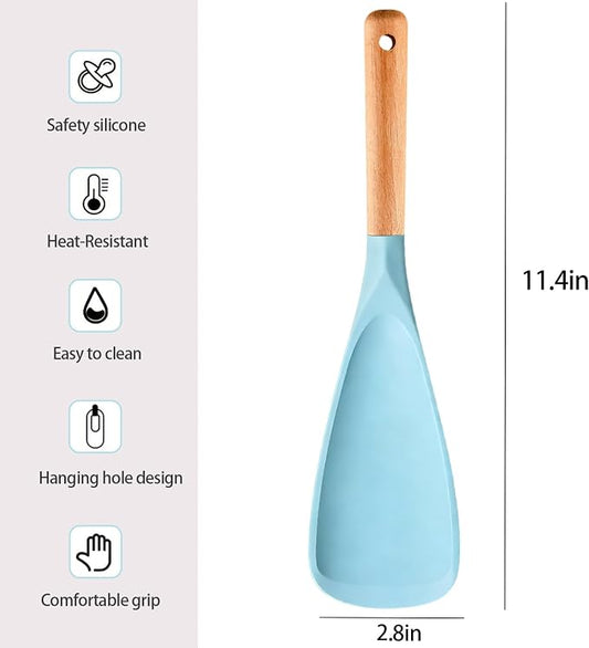 2 Pcs Wooden Handle Silicone Cooking Spoon Set for Nonstick Cookware Cooking, Baking, Stirring ，BPA-Free Heat-Resistant Spatula for Mixing, Flipping, Scraping (Black+Blue)