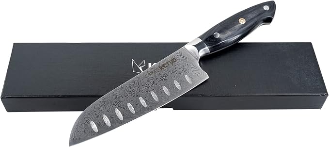 Ketuo Professional Chef Knife Damascus Carbon Steel with Laser Pattern Blade and Black Pakka Wood (7 Inch Santoku Knife)