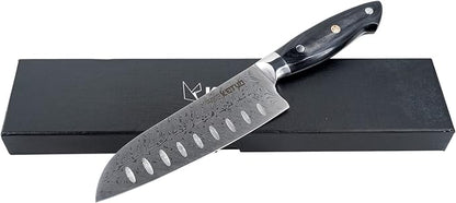 Ketuo Professional Chef Knife Damascus Carbon Steel with Laser Pattern Blade and Black Pakka Wood (7 Inch Santoku Knife)
