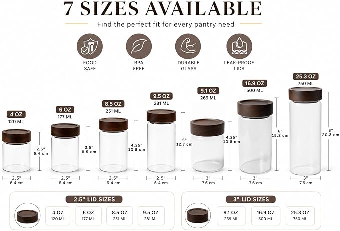 Wide Mouth Glass Storage Jars With 2.5" Acacia Wood Lids - 6 Pack of 8.5 Oz Food Storage Containers - Borosilicate Glass Canisters Sets For Kitchen - Pantry Organizers and Storage for Rice Coffee