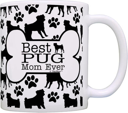 ThisWear Dog Owner Gifts Best Pug Mom Ever Paw Pattern Gift 11oz Ceramic Coffee Mug with Handle