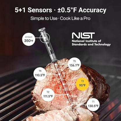 ThermoMaven 3000FT Smart Wireless Meat Thermometer – Sub-1G Long Range, 6 Sensors NIST Certified Accuracy, 2 Thin Probes, Standalone Base with Large LCD for Grill, Smoker, Oven, BBQ