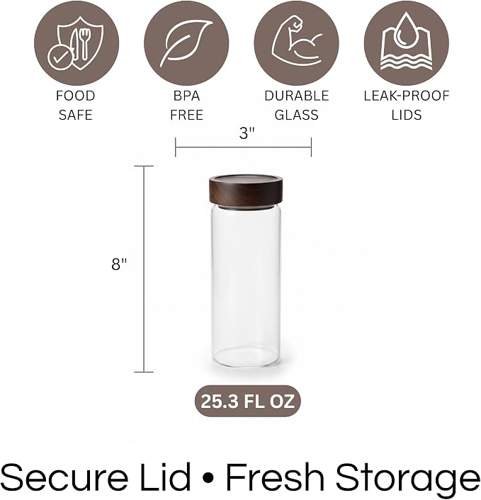 Wide Mouth Glass Storage Jars With 3" Acacia Wood Lids - 4 Pack of 25.3 Oz Airtight Food Storage Containers - Borosilicate Glass Canisters for Kitchen - Pantry Organizers Storage for Rice Coffee