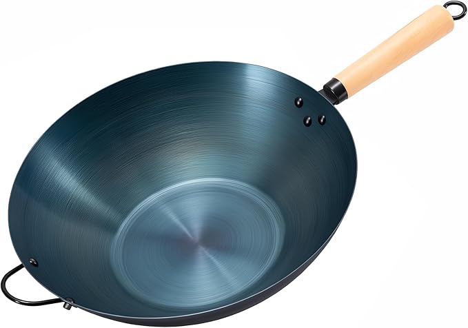 DUMOS 13.5" Carbon Steel Wok Pan, No Chemical Coating, Pre-Seasoned Flat Bottom Pow Wok for Family Meals and Camping, Compatible with Induction, Electric, Gas, Open Fire, Blue