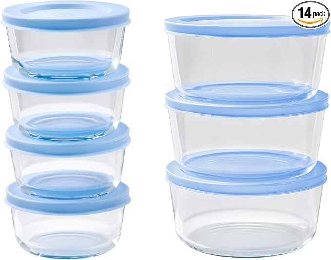 14-Piece Glass Food Storage Containers Set (7 Containers + 7 BPA-Free Lids) | 1-Cup & 4-Cup, Leakproof | Microwave, Freezer, Oven & Dishwasher Safe | Ideal for Meal Prep & Pantry Organization, Blue