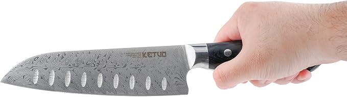 Ketuo Professional Chef Knife Damascus Carbon Steel with Laser Pattern Blade and Black Pakka Wood (7 Inch Santoku Knife)